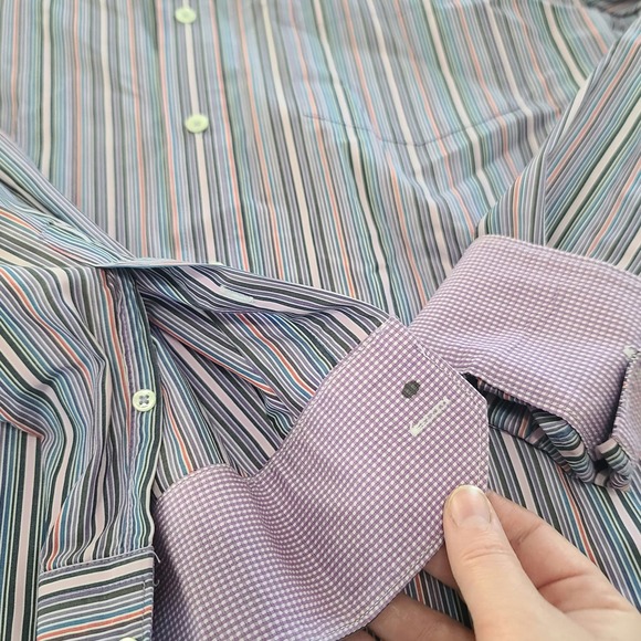 Bugatchi Uomo Dress Shirt Purple Pink Stripe Mens Large Lavender Contrast Cuff - Picture 5 of 11